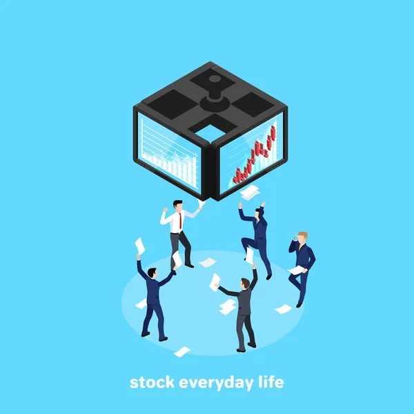 Trabalhadores Bolsa Celebram Aumento Capital Imagem Isométrica — Vetor de Stock
