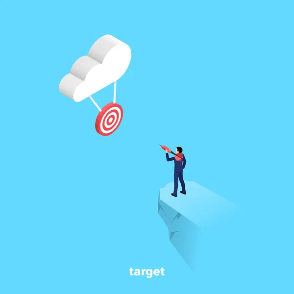 Man Dart Going Make Sighting Throw Target Hanging Cloud Isometric — Stock Vector