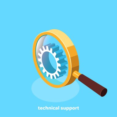 mavi arka plan, izometrik görüntü teknik destek, Büyüteç'i ve dişli simgesini