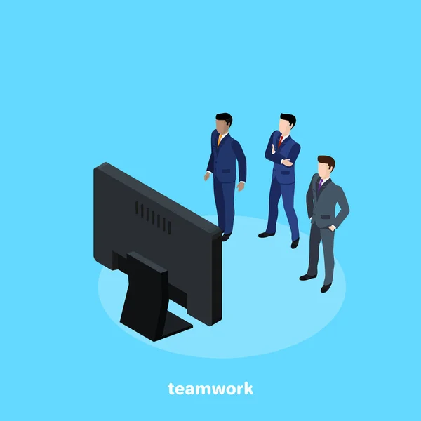 Team Men Business Suits Looks Computer Screen Isometric Image — Stock Vector