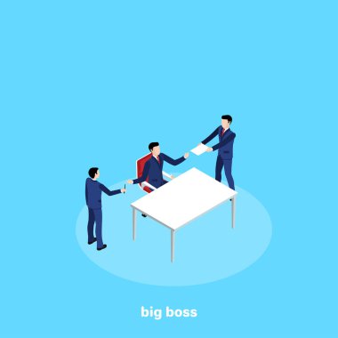 iş takım elbiseli bir adam bir belge için imza, izometrik bir görüntü verir.