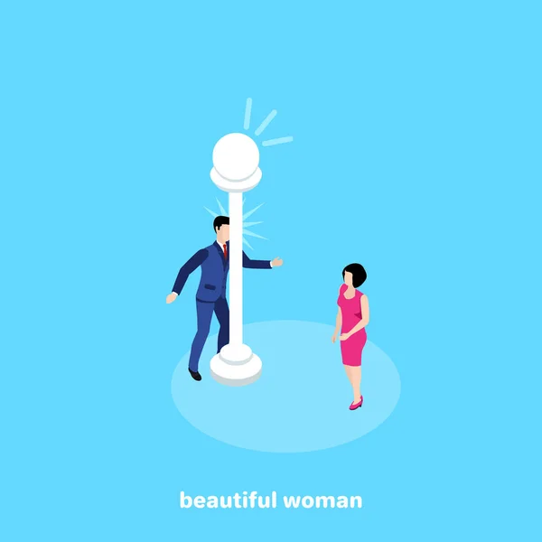Güzel Bir Kadın Izometrik Görüntüyü Baktıktan Sonra Lamba Sonrası Alnına — Stok Vektör