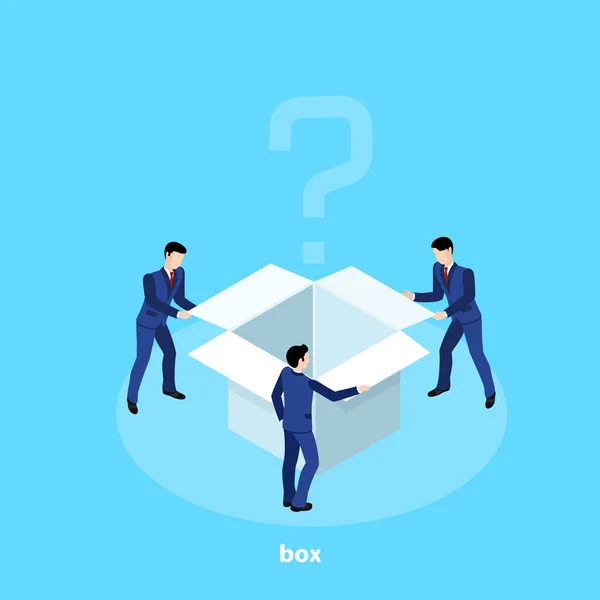 Men Business Suits Open Box Unknown Contents Isometric Image — Stock Vector