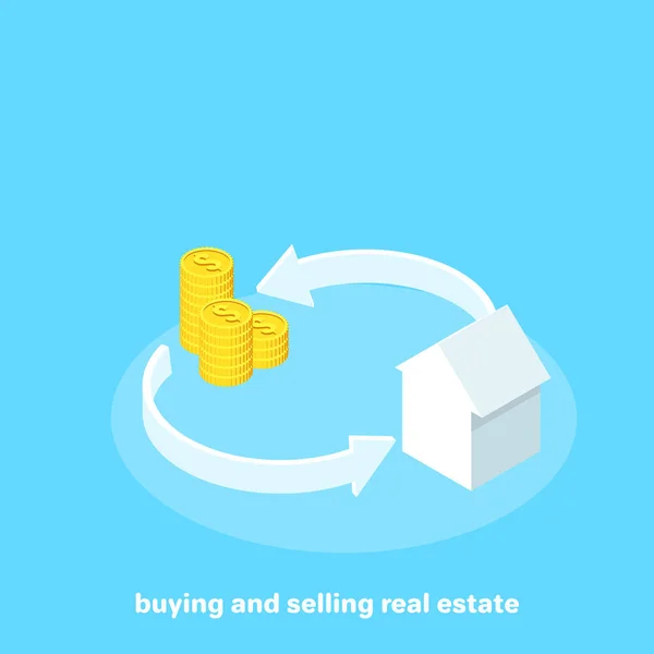 Dinheiro Casa Entre Setas Fundo Azul Imagem Isométrica —  Vetores de Stock