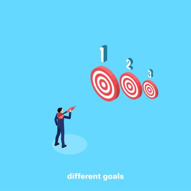 iş takım elbiseli bir adam ile bir ok hedefe, izometrik görüntüyü yönelik