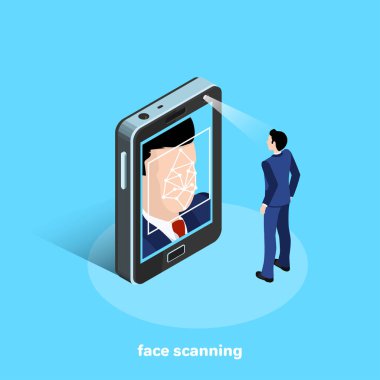 Iş elbisesi giymiş bir adam yüzünü tarayan bir akıllı telefonun önünde duruyor, izometrik bir görüntü