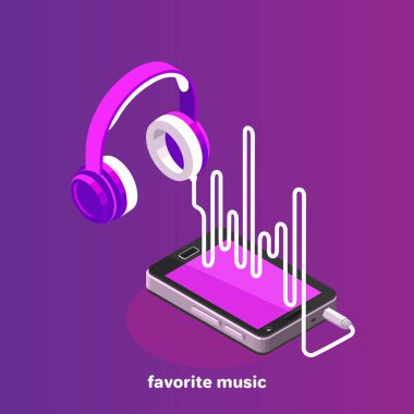 mor arka planda kulaklık ve akıllı telefon, izometrik tarzda simge, müzik dinlemek