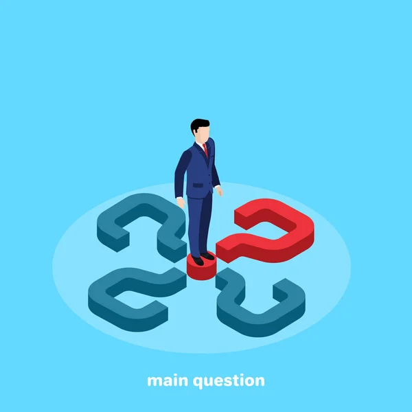 Man Business Suit Stands Red Question Mark Blue Background Isometric — Stock Vector