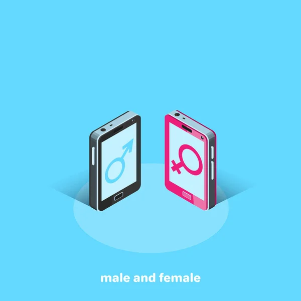 Telefony Komórkowe Męskim Kobiecym Znakiem Obraz Izometryczny — Wektor stockowy