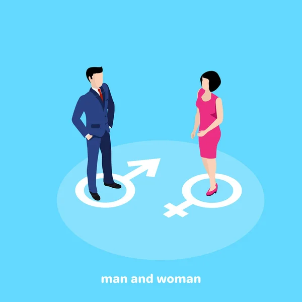 Homem Terno Negócios Mulher Vestido Rosa Fundo Azul Imagem Isométrica —  Vetores de Stock
