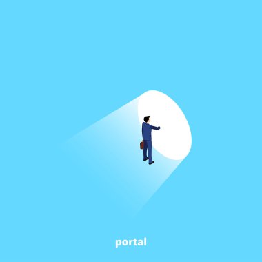 bir iş elbisesinde bir adam ışık, bir izometrik görüntü açılan bir portal önünde duruyor