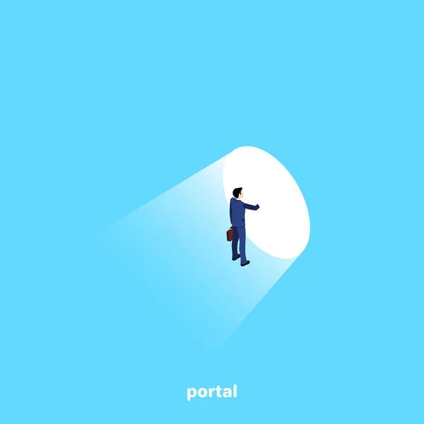 bir iş elbisesinde bir adam ışık, bir izometrik görüntü açılan bir portal önünde duruyor