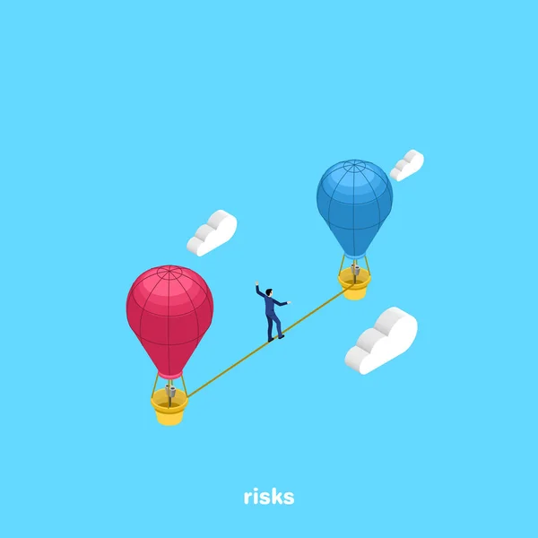 Man Business Suit Walks Tight Rope Flying Balloons Isometric Image — Stock Vector