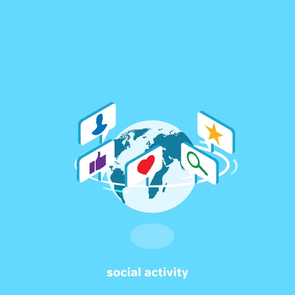 Icone Dai Social Network Tutto Mondo Immagine Isometrica — Vettoriale Stock