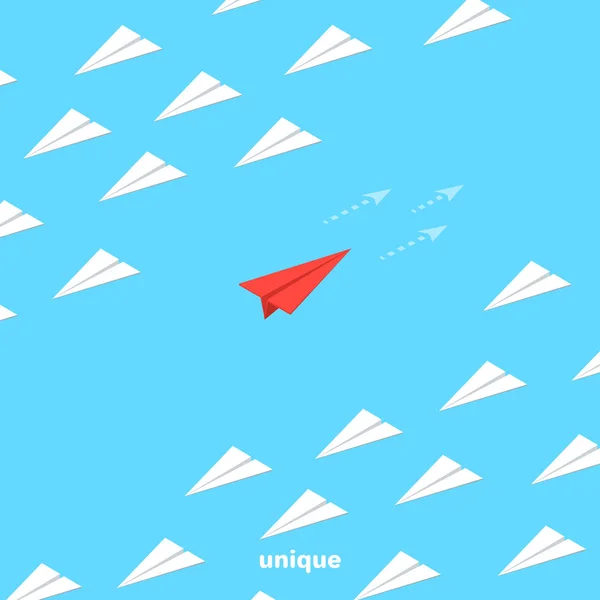 赤い紙飛行機は他の飛行機 等尺性のイメージのグループから反対方向に飛ぶ — ストックベクタ