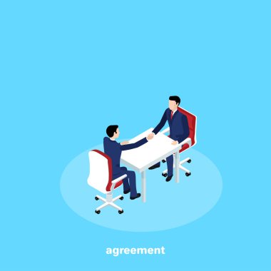 iş takım elbiseli erkekler masada oturup el sıkışmak, izometrik görüntü
