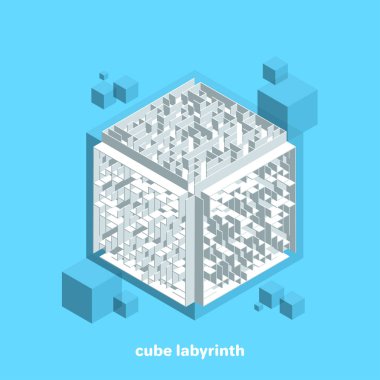 mavi arka plan üzerinde küp labirent, izometrik görüntü