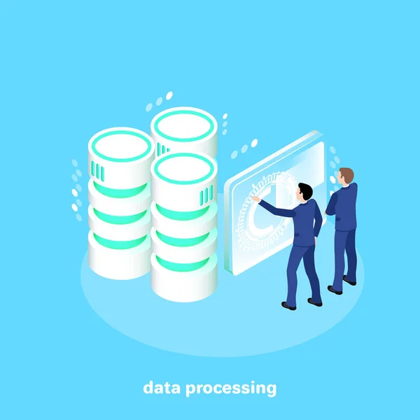 Men Business Suits Work Futuristic Setting Data Processing Servers Isometric — Stock Vector