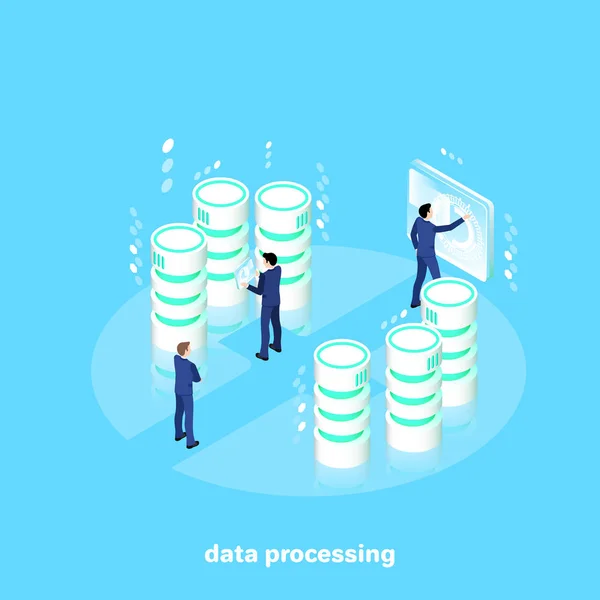 Men Business Suits Work Futuristic Setting Data Processing Servers Isometric — Stock Vector