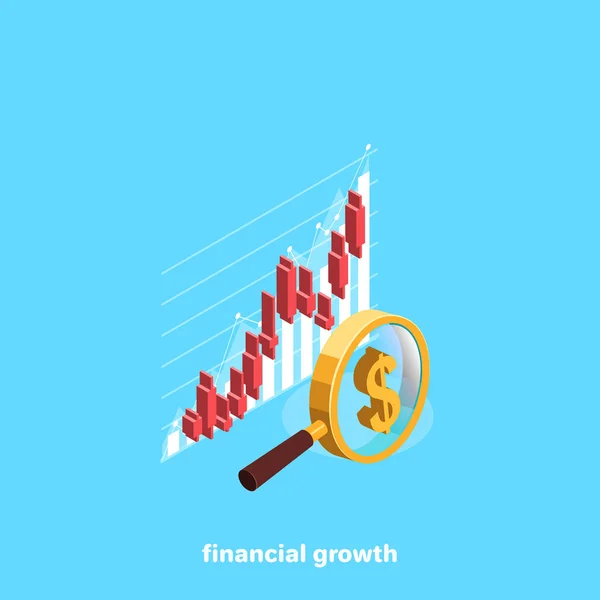 Flechas Diagramas Que Pasan Través Una Lupa Sobre Fondo Azul — Vector de stock