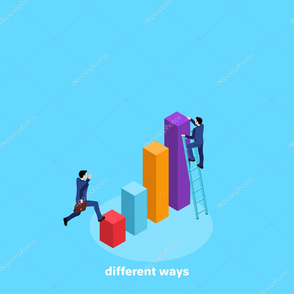 Men in business suits climb a diagram, an isometric image