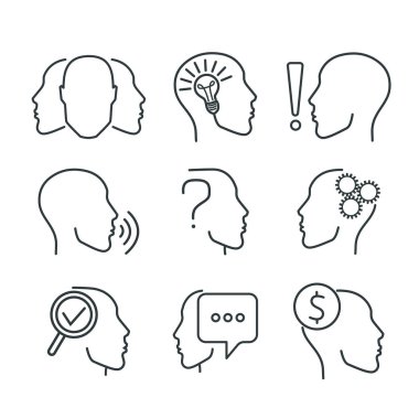 beyaz bir arka plan üzerinde doğrusal simgeler, farklı işaretler ile bir kişinin kafası