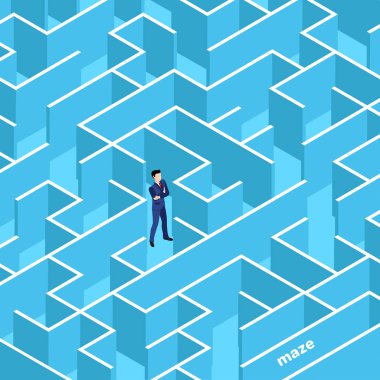 Bir iş elbisesi içinde bir adam bir labirent, izometrik bir görüntüortasında duruyor