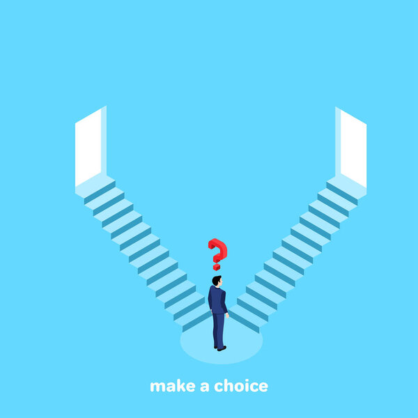 Человек в деловом костюме сталкивается с выбором способов, изометрическим изображением
