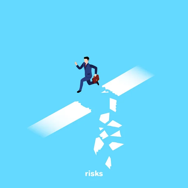 Man Business Suit Jumps Shattered Section Road Isometric Image — Stock Vector