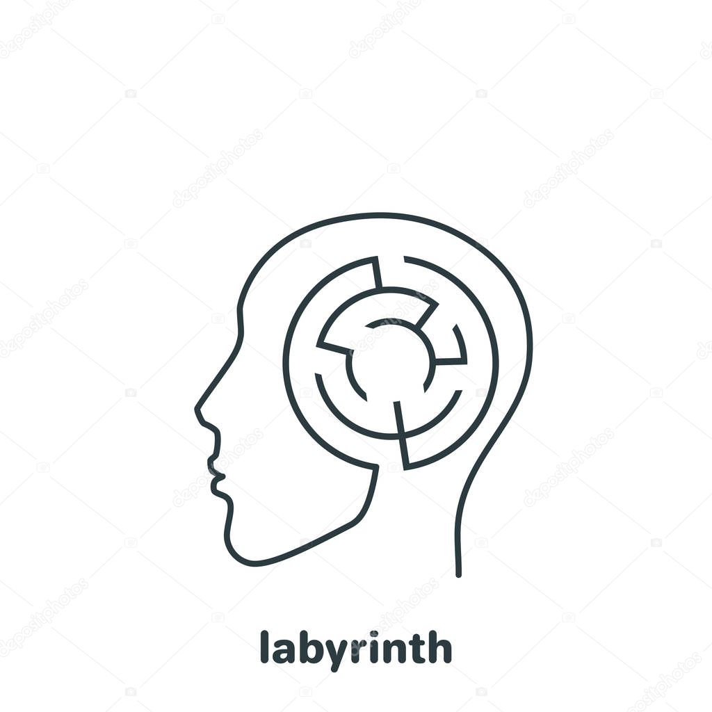 Linear icon of a man's head with a labyrinth inside on a white background