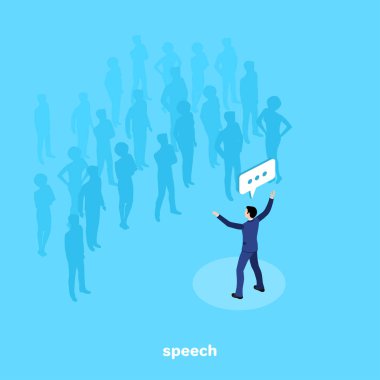 Bir iş elbisesi içinde bir adam bir grup insan, izometrik bir görüntü önünde duruyor