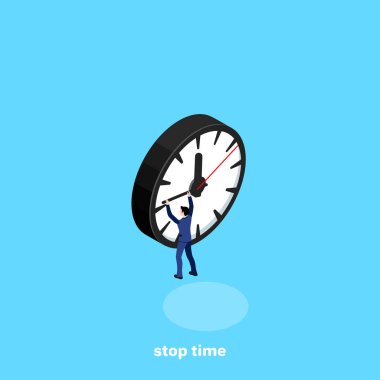 the man in a business suit is hanging on the minute hand of the clock trying to stop the time, isometric image clipart
