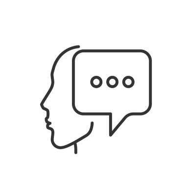 beyaz arka planda doğrusal bir tarzda bir mesaj simgesi ile bir erkek kafası şeklinde simge