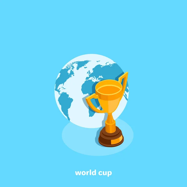 Gouden Beker Wereldbol Een Blauwe Achtergrond Isometrische Afbeelding — Stockvector