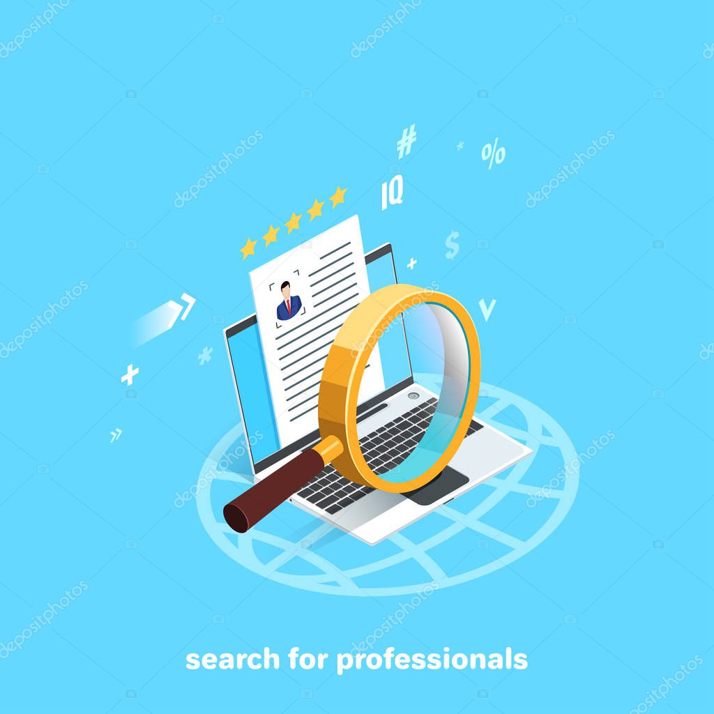 Summary of a man in a business suit on a laptop screen and magnifier, isometric image