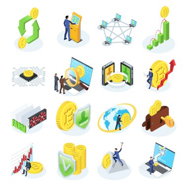 Kripto para birimi ve bitcoin, iş kıyafetleri ve para içinde insanlar, izometrik imaj