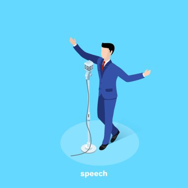 Takım elbiseli adam eski mikrofonla konuşuyor mavi arka planda, izometrik görüntü