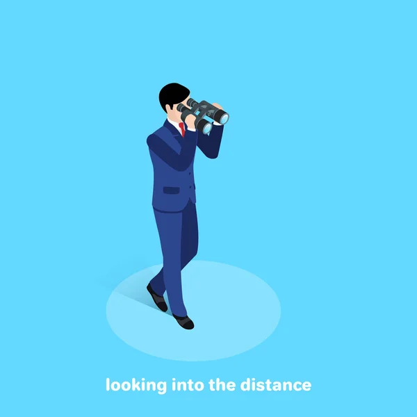 Man Business Suit Blue Background Looks Binoculars Isometric Image — Stock Vector