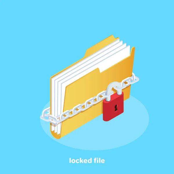 鎖に包まれた文書のフォルダのアイコンとロックで固定された等角画像 — ストックベクタ