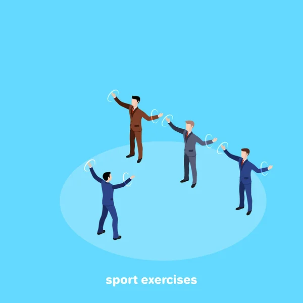 Άνδρες Κοστούμια Επιχειρήσεων Εκτελούν Μαζί Αθλητικές Ασκήσεις Ισομετρική Εικόνα — Διανυσματικό Αρχείο