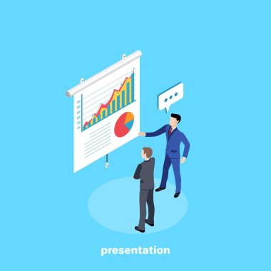 Takım elbiseli bir adam bir konferansta dinleyiciyle konuşur, izometrik bir görüntü.