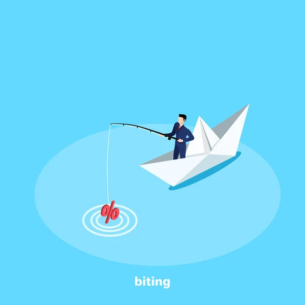Man Business Suit Stands Fishing Rod Paper Boat Isometric Image — Stock Vector