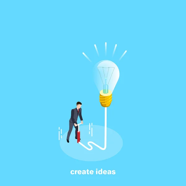 Man Business Suit Pump Blows Light Bulb Ideas Isometric Image — Stock Vector