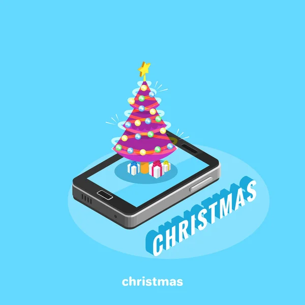 Élégant Sapin Noël Tient Sur Écran Smartphone Image Isométrique — Image vectorielle