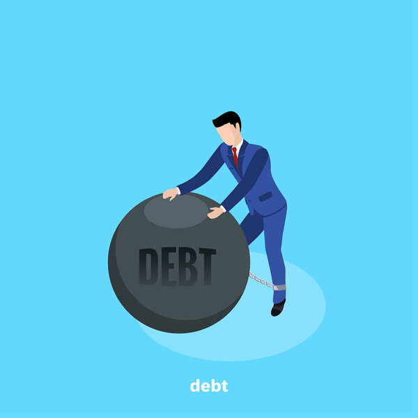 a man in a business suit is chained to a large metal ball with an inscription debt, an isometric image