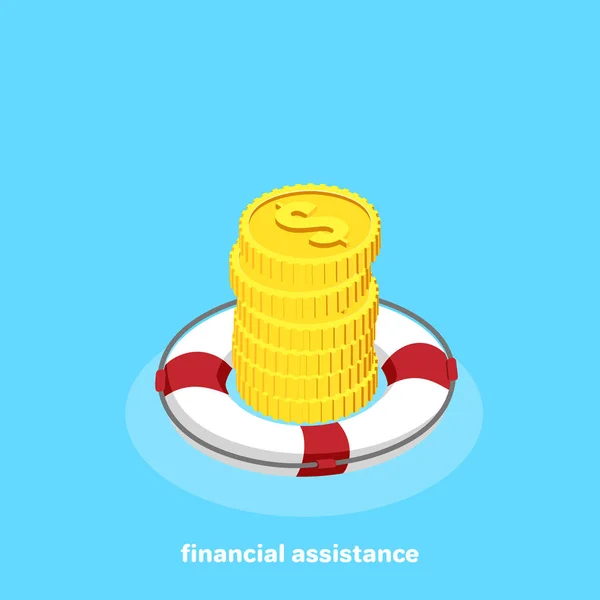 Una Pila Monedas Oro Centro Lifebuoy Imagen Isométrica — Vector de stock