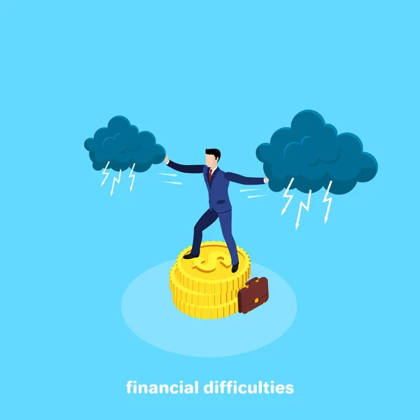 Man Business Suit Stands Pile Coins Disperses Dark Clouds His — Stock Vector