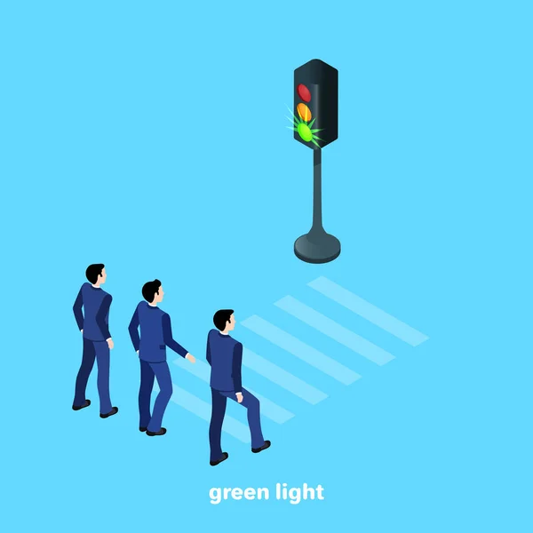 Men Business Suits Pass Expensive Pedestrian Crossing Green Light Traffic — 스톡 벡터