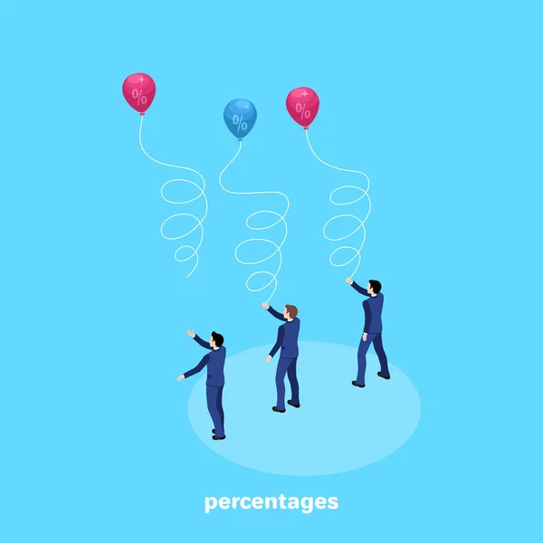 Men Business Suits Launch Balloons Percentages Sky Isometric Image — Stock Vector