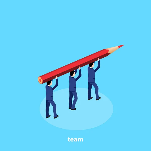 Men Business Suits Together Carry Big Red Pencil Isometric Image — Stock Vector